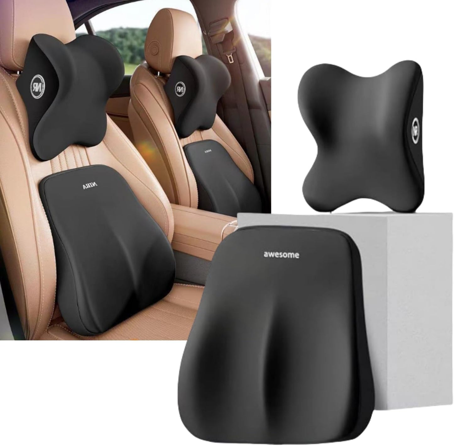 Memory foam car neck support and lumbar cushions